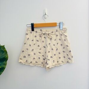 Ribbed Floral Lounge Shorts Cream Purple Lettuce Hem Size XS